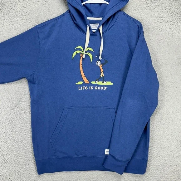Life Is Good Mens Hoodie Sweatshirt Large Blue Golfing Print Pocket Drawstring