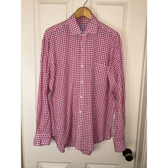 J McLaughlin men's pink and white plaid LS ‎ shirt size L