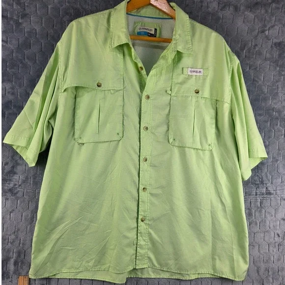 Magellan Outdoors Fish Gear Shirt Mens 2XL Green Micro Check MagWick Short Sleve