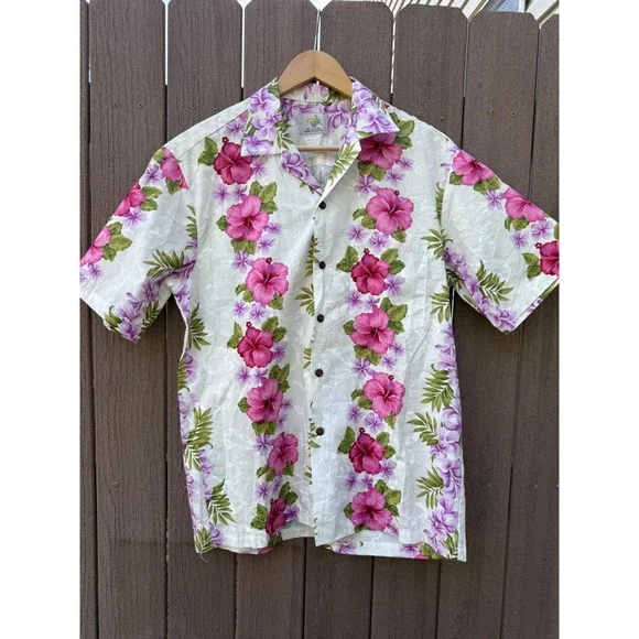 Ho Aloha Made in Hawaii Mens Pink Hibiscus Floral Cotton Shirt Medium tropical