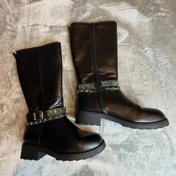 Girls Black Mid-Calf Combat Boots Rhinestone Buckle Chain Accent Side Zip Size 2