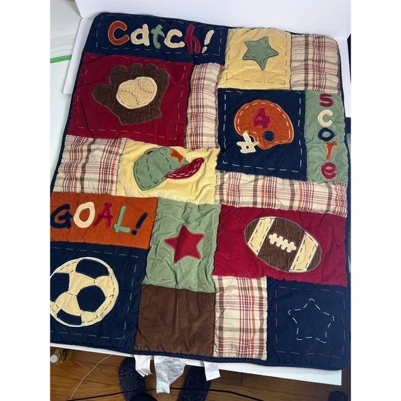 Nojo Crib patchwork Quilt Blanket & Bed Skirt Sports Theme Catch‎ Goal Score