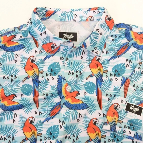 Waggle Golf Polo Shirt Tropical Parrot Palm Tree Print Men's MEDIUM Lightweight