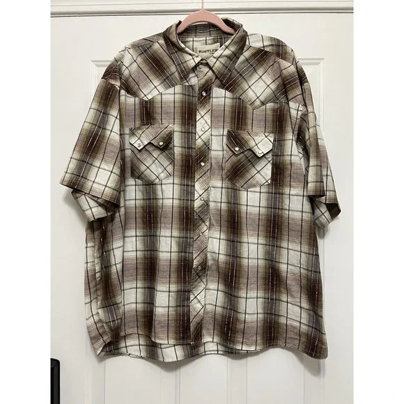 VTG Rustler Wrangler‎ Mens 3XL Plaid Short Sleeve Western Pearl Snap Shirt Brown