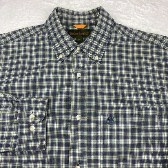 Timberland Men's Medium Blue‎ Green Plaid Button-Down Shirt Long Sleeve