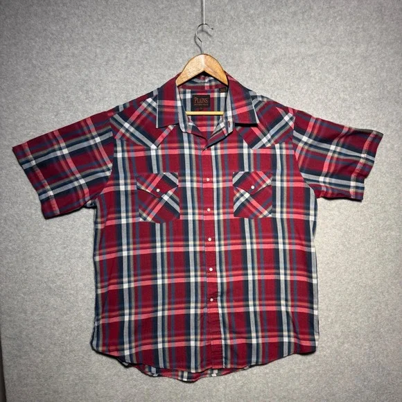 Plains Western Wear Mens XL Red Blue Plaid Pearl Snap Short Sleeve Shirt 15E1604