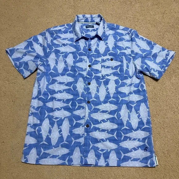 Caribbean Joe Hawaiian Shirt Men's Medium All Over Print Fish Stretch Tropical