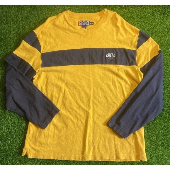 Vtg 90s CHAPS Ralph Lauren Mens XL Yellow Blue Long Sleeve T Shirt Baggy Skater