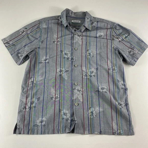 Tommy Bahama Button Down Shirt Adult Large Silk Cotton Gray Striped‎ Floral Mens