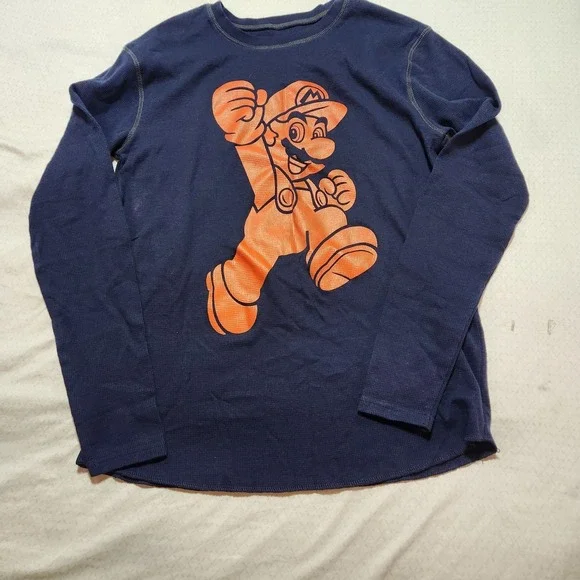 Super Mario Long Sleeve Thermal Graphic Shirt Size Large Dark Navy Blue