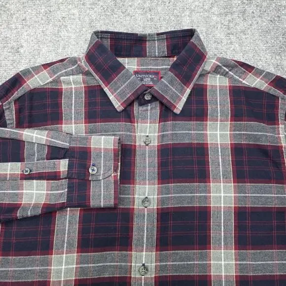 UNTUCKit Shirt Mens Large Red Navy Plaid Alentejo Slim Fit Cotton Button Down
