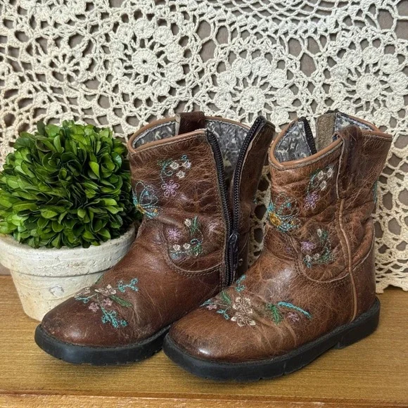 Shyanne Girls Cowboy Boots Square Toe Embroidered Flowers Brown‎ Size 7D Western