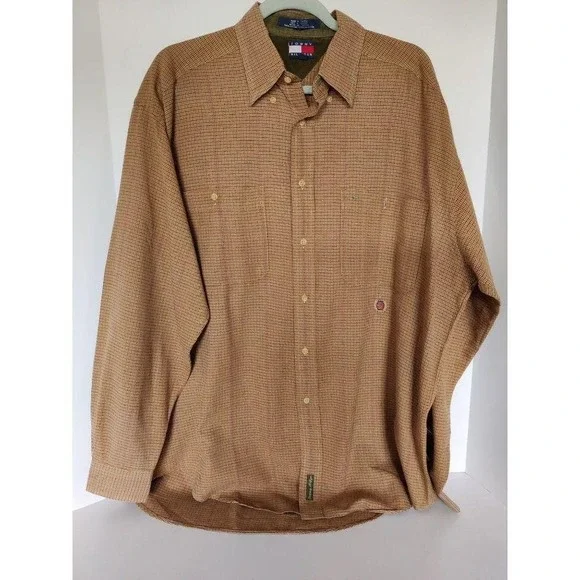 Vtg. Men Tommy Hilfiger Button Down Shirt Large Long Sleeve Plaid Brown Red