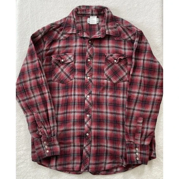90s Vintage Wrangler Wrancher Mens XL Shirt Red Plaid Flannel Western Pearl Snap