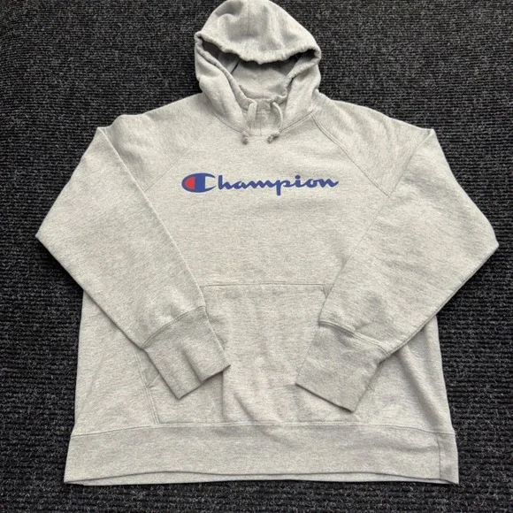 Champion Mens Script Logo Pullover Hoodie Gray Raglan Sweatshirt AW965H Large