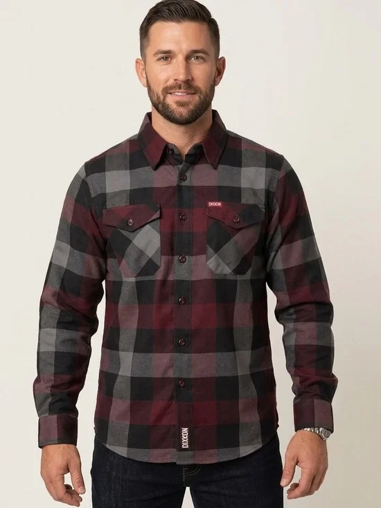 DIXXON Men's Burgundy Black Gray Plaid Button-Down Shirt