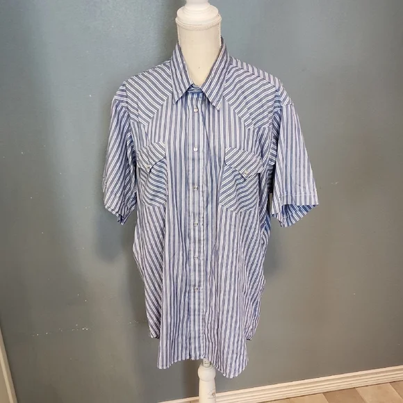 Western Rubbock Pinstripe Short Sleeve Pearl Snap Shirt USA Union Made Cowboy