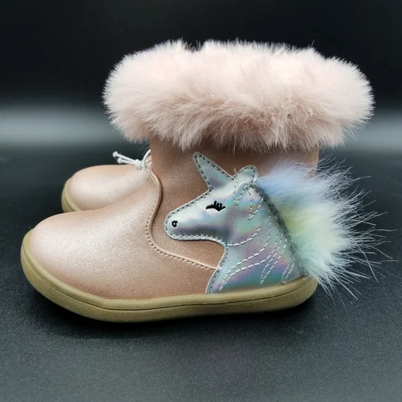 Sugar Toddler Girl's Faux Fur Unicorn Boots Size:6C Pink Slip-On Zip Sides New