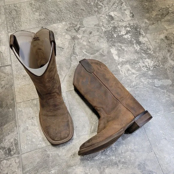 Western Cowboy Boots Brown Oiled Leather Distressed‎ Square Toe Kids 4D
