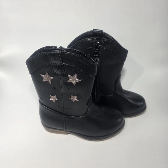 Cat & Jack Girls Black Star Embellished Cowboy Boots Size 8 Toddler Side Zip