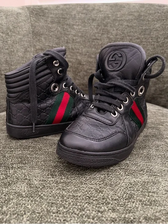 Gucci Boys Black High Top Sneakers GG Guccissima Web size 29 Stripe Lace Up