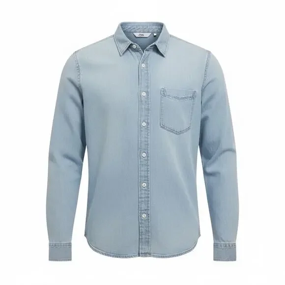 Zara Denim Button Up Long Sleeve Shirt Men Large Light Blue Cotton Casual Preppy