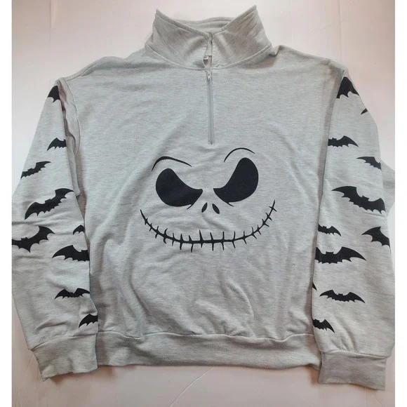Mens 2XL Jack Skellington Bat Print Mock Neck‎ Quarter Zip Pullover Sweatshirt