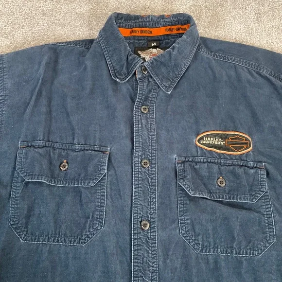 Harley Davidson Corduroy Shirt Mens Medium Work Shirt Patch Garage Button Down