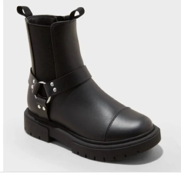 Art Class Black Faux Leather Crosby Harness Moto Boots Zip‎ Chunky Size 3 Girls