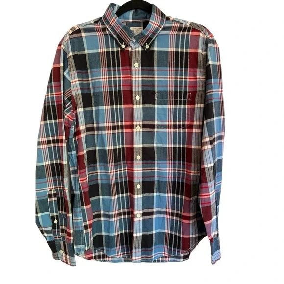 J.Crew Mens Summer Plaid Shirt Tailored Fit Blue Red Cotton Button Down 40732 M
