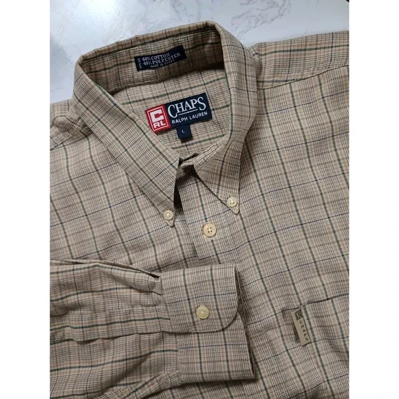 CHAPS Ralph Lauren Shirt Men's Large Brown Plaid Long Sleeve Button Down Vintage