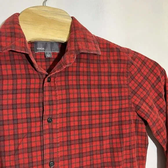 Vince Men's Small‎ Red Plaid Button Up Corduroy Long Sleeve Shirt