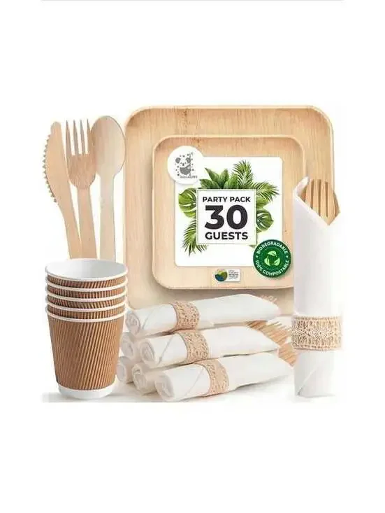 Eco-Friendly Palm Leaf Bamboo Plates & Cutlery Party Set - New in Box