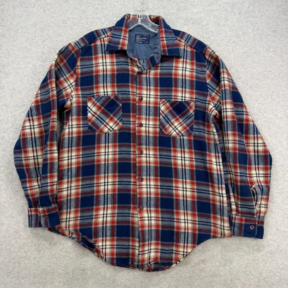 Vintage JC Penney Flannel Shirt Mens Large Tall Blue Red Plaid‎ Retro Acrylic