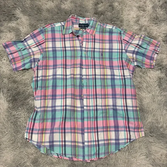 VINTAGE POLO RALPH LAUREN PLAID PASTEL SUMMER BUTTON DOWN SHIRT XL