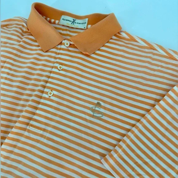 Fairway & Greene Golf Polo Shirt Men's L Peach White Striped‎ Champions Retreat