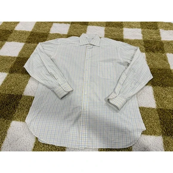 Ermenegildo Zegna Mens Plaid Button Down Shirt Blue Yellow Cotton Size 16 41