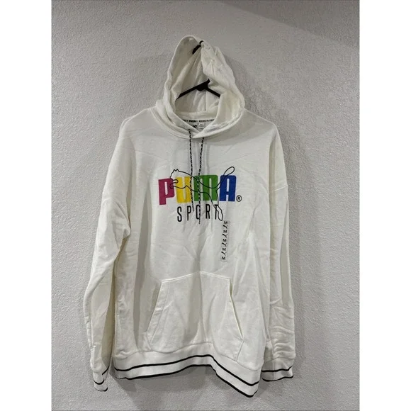 Puma Sports Spell Out Logo White Hoodie Rainbow Color Graphics Sz Medium