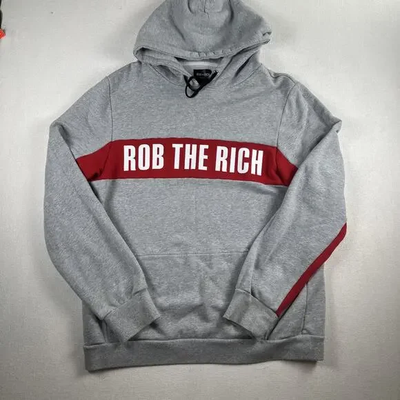 Rob the Rich Collection Men XL Gray Hooded Drawstring Pocket Pullover Sweatshirt