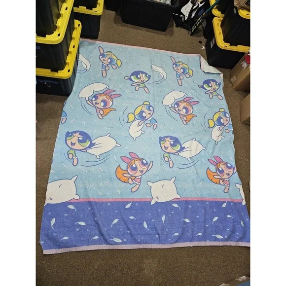 Vintage Cartoon Network Powerpuff Girls Blue Kids ~90x74 Blanket 2000 USA Fabric