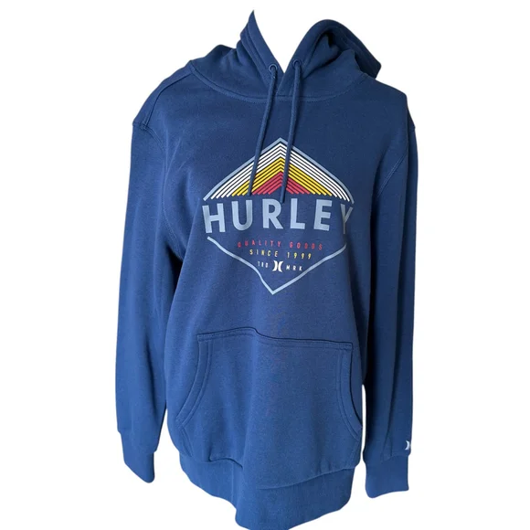 Men's Hurley Graphic Hoodie Size Medium Blue Kangaroo Pocket Sweatshirt NEW