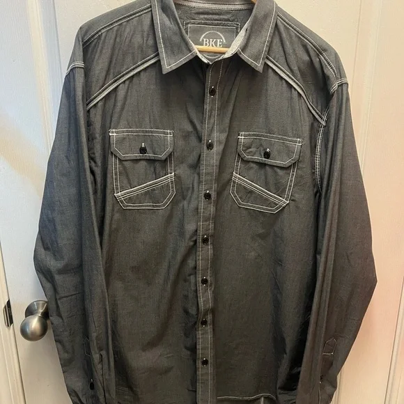 🔥 BKE Gray Denim Western Button Up Shirt XL Long Sleeve Casual Work Cowboy Rodeo