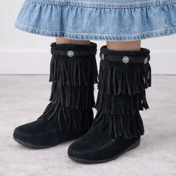Minnetonka Black Suede 3 Tier‎ Fringe Tall Boots, Girl's Size 3