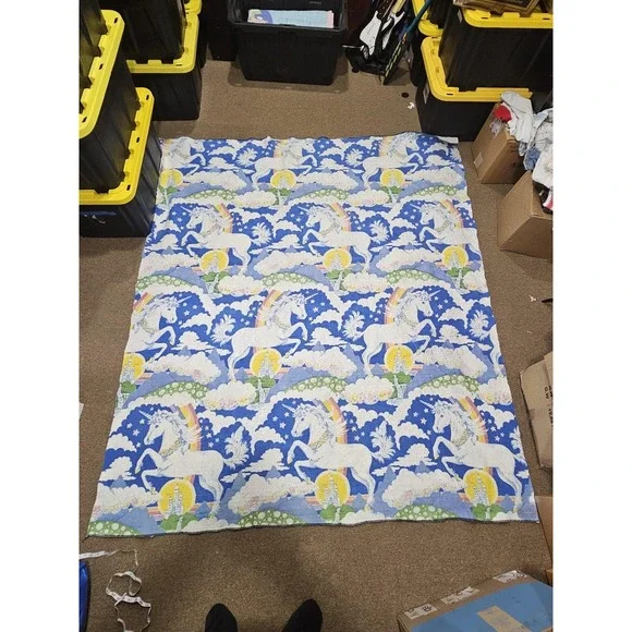Vintage Unicorn Blanket‎ Fabric 84x74 Blue Rainbow Castle Fantasy Retro