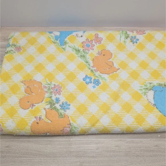 Vintage Wool Baby Blanket 43x40 Yellow Gingham Animals Nursery Quilt Fabric