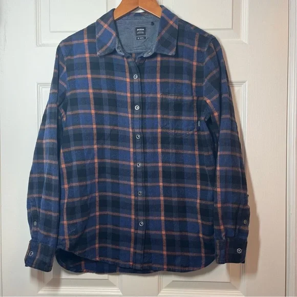 Prana Blue and Orange Plaid Casual Button Down Shirt Size Medium