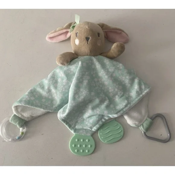 Modern Baby Snuggle Blankie Lovey Security Blanket Green White Bunny Teether