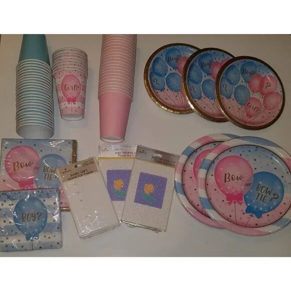 Baby Shower Gender Reveal Party Lot Napkins Plates Cups Thank You Cards Boy Girl