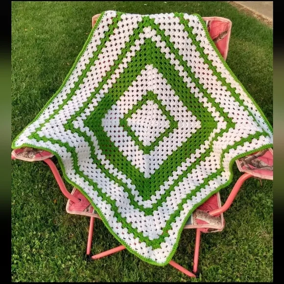 Handcrafted Crocheted Green and white small blanket