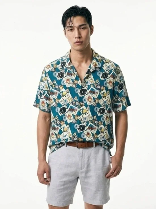 Tommy Bahama Teal Short-Sleeve Button-Down with Playing Card Print